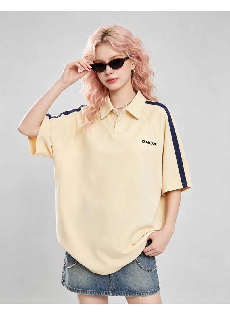 GEOX Men Fashion Collared Short Sleeve Polo Shirt Casual Side Stripe Top Beige - Image 2