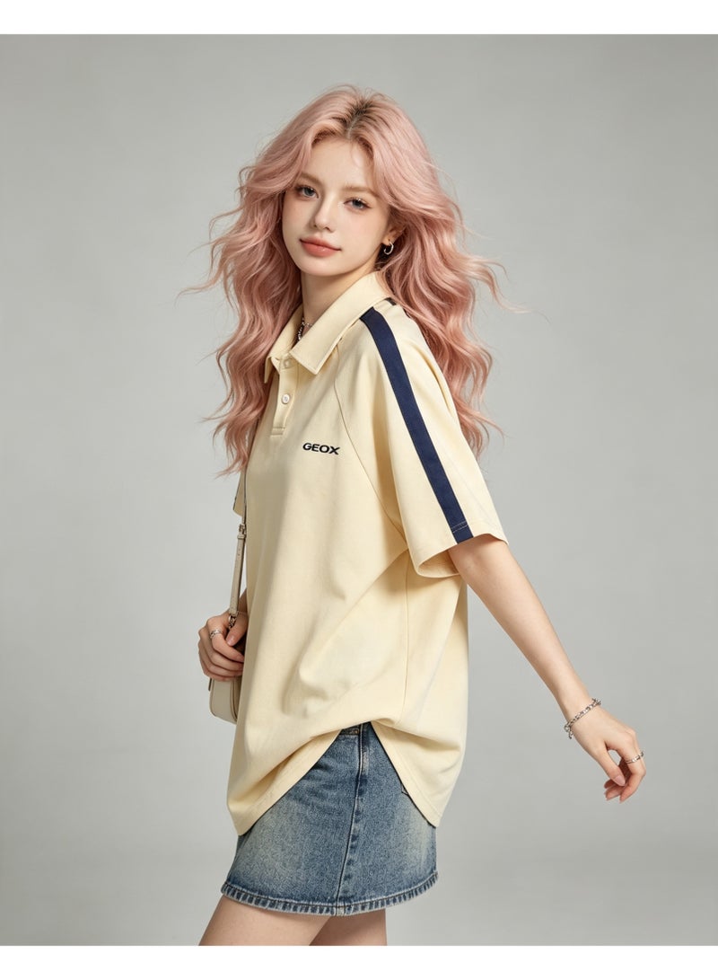 GEOX Men Fashion Collared Short Sleeve Polo Shirt Casual Side Stripe Top Beige - Image 5