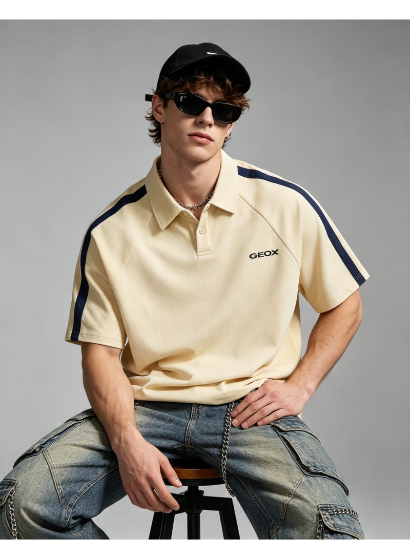GEOX Men Fashion Collared Short Sleeve Polo Shirt Casual Side Stripe Top Beige - Image 1