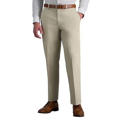 Haggar mens Premium No Iron Khaki Classic Fit Expandable Waist Flat Front Pant, Sand, 38x34 - Image 1