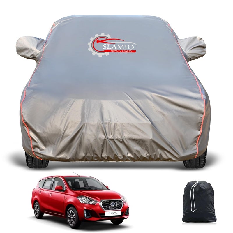 Slamio Heavy-Duty Car Body Cover for Renault's Dutsun Go Plus | Waterproof, Dustproof, UV Protection, Custom Fit, Heavy Belt & Buckle with Mirror & Antenna Pocket | Dark Grey - Image 1