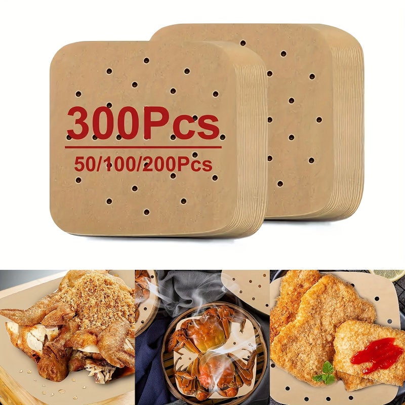 200pcs 7 5 Inch Brown Air Fryer Parchment Paper Liners Square Perforated Baking Cooking Oven Steamer Liner - Image 1