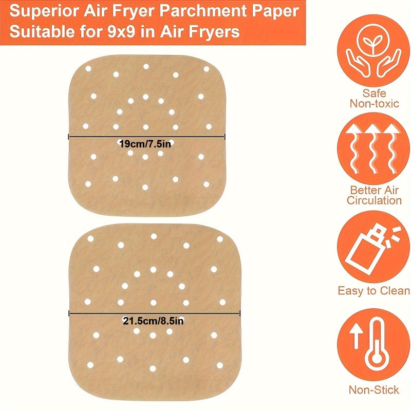 200pcs 7 5 Inch Brown Air Fryer Parchment Paper Liners Square Perforated Baking Cooking Oven Steamer Liner - Image 3