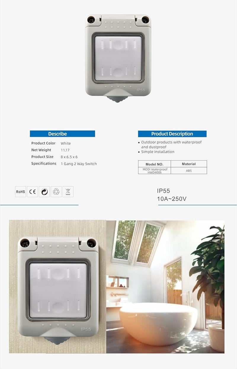 Weatherproof Outdoor Electrical Wall Switch, IP55 Rated, Waterproof Dustproof Surface Mount Switch - Image 2
