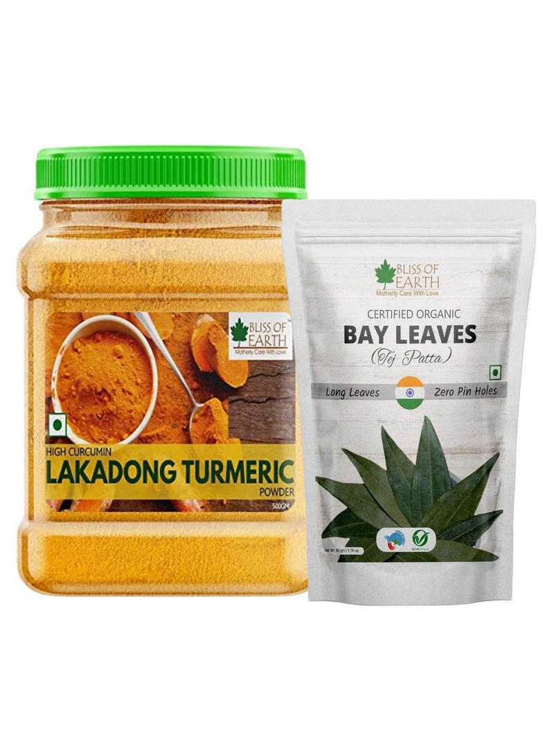 بليس اوف ايرث 500 جرام من مسحوق الكركم العضوي لاكادونج عالي الكركمين و 50 جرام أوراق خليج تيج باتا من الدرجة A1 ثقوب بدون غبار مع لون أخضر موحد - Image 1