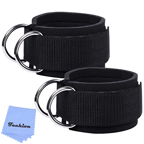 Techion 1 Pair of Fitness Ankle Straps for Cable Machine - Double D-Ring, Adjustable Comfort fit Neoprene - for Men and Women - Black - Image 1