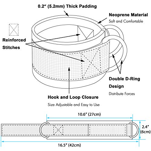 Techion 1 Pair of Fitness Ankle Straps for Cable Machine - Double D-Ring, Adjustable Comfort fit Neoprene - for Men and Women - Black - Image 2