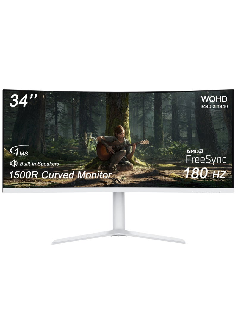 34-Inch Ultra-Wide Curved Gaming Monitor, 3440 x 1440 WQHD, 180Hz, 1ms, VA Panel with LED Backlight, Built-in Speakers, 1500R Curvature, 2 x HDMI 2.0  2 x DisplayPort 1.4, White - Image 1