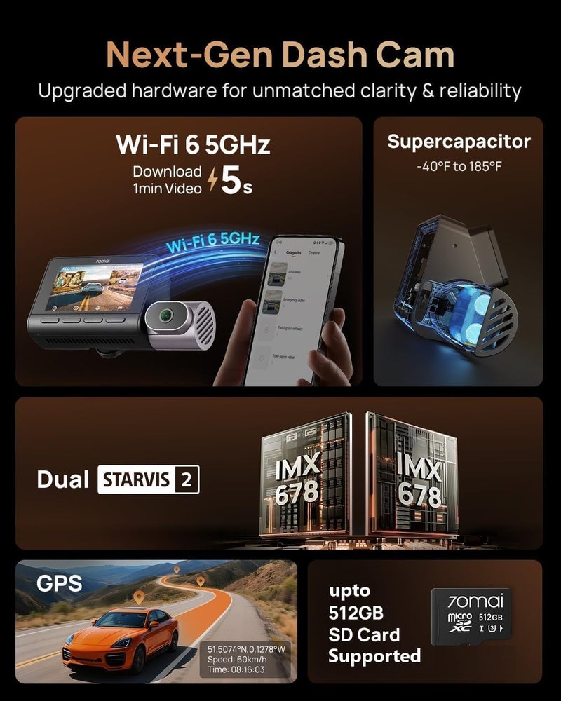 70mai 4K T800 3 Channel Dash Cam with Front, Rear, and Interior Recording - Image 4