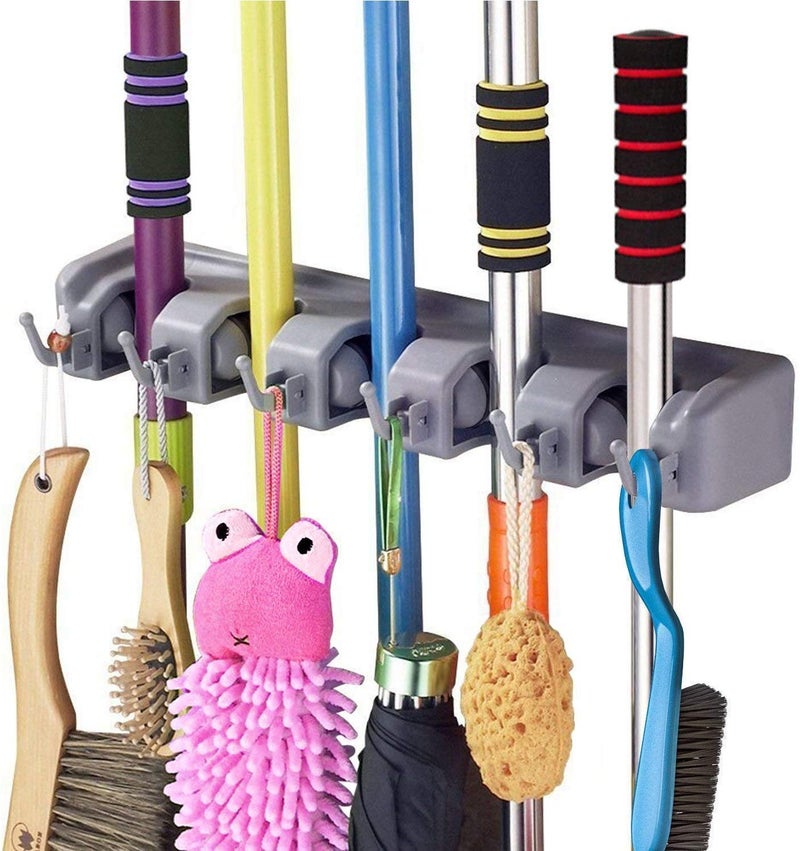 MYPS Multipurpose 5 Slot Position with 6 Hooks Wall Mounted Hanging Organizer Storage Hooks Mop and Broom Holder for Kitchen Garden and Garage - Image 1