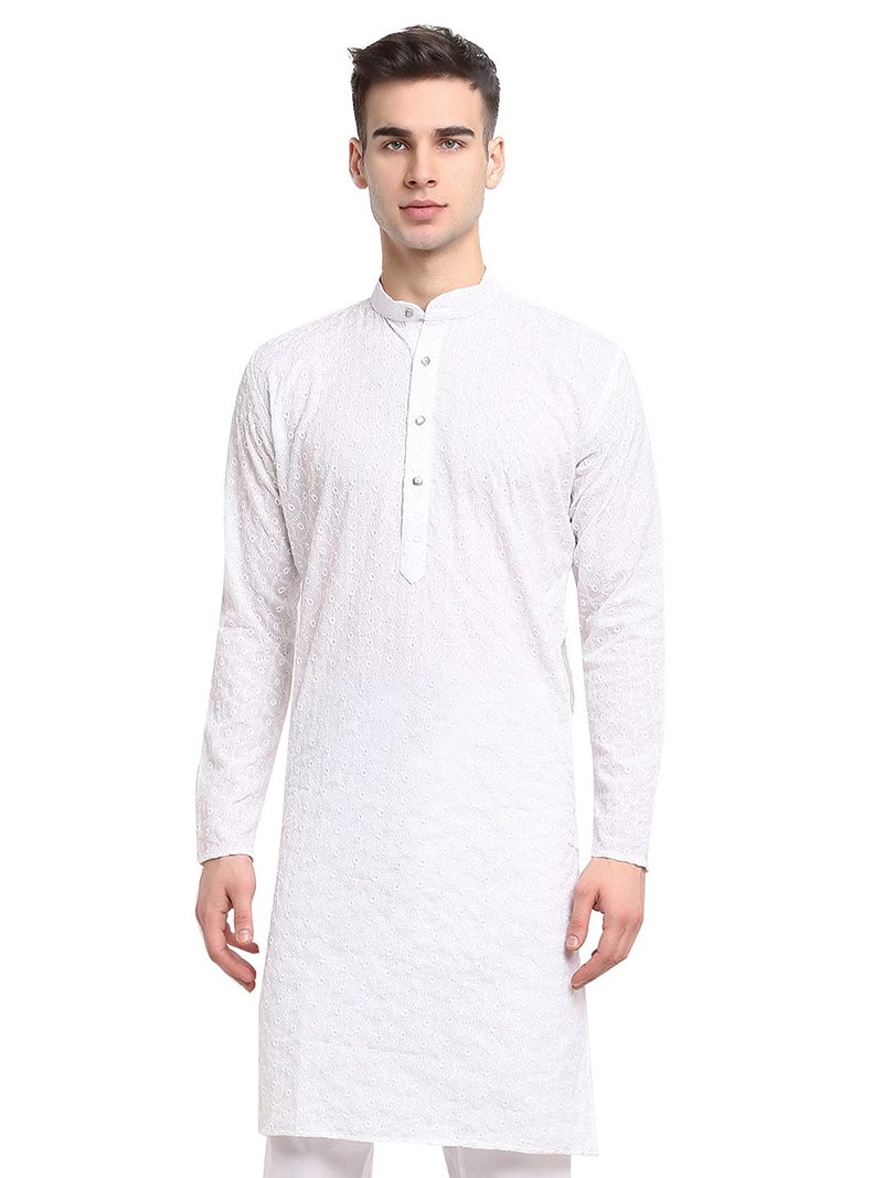 jompers قميص جومبرز للرجال باللون الأبيض مزين بالتطريز من القطن مع ياقة ماندارين - Image 1