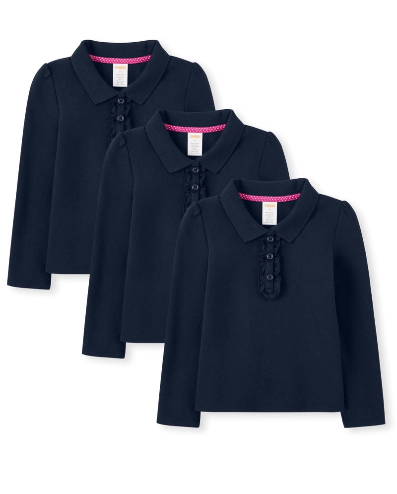 Gymboree,Girls,and Toddler Long Sleeve Ruffle Polo Shirt,Navy 3-Pack,2 Years - Image 1