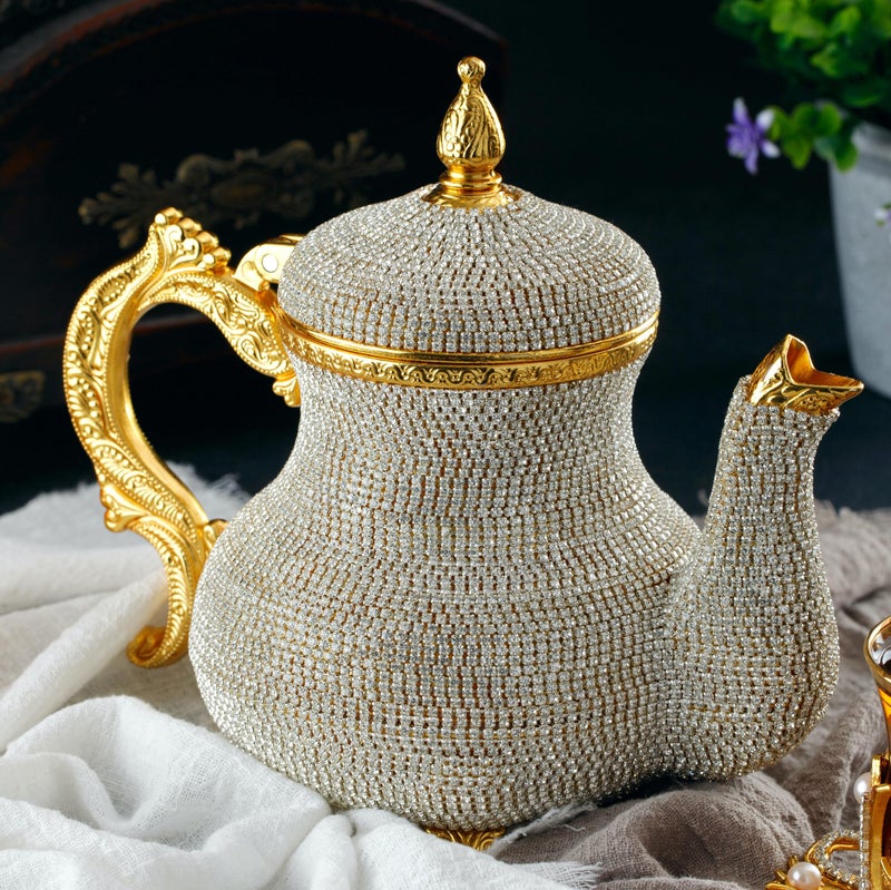 DEMMEX Handmade Gold Decorative Teapot Pitcher â€“ Turkish Moroccan Arabic Style, Crystal Embellished, 2.6 lb, 8x7", Ornate Zamak Kettle for Home DÃ©cor & Display â€“ Handmade in Turkey - Image 3