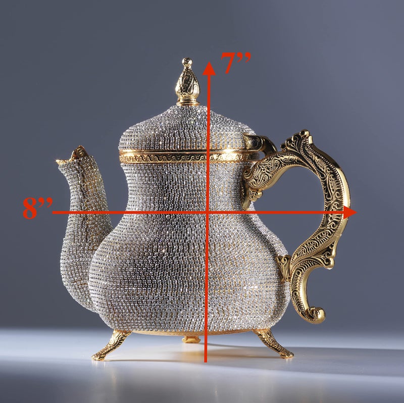 DEMMEX Handmade Gold Decorative Teapot Pitcher â€“ Turkish Moroccan Arabic Style, Crystal Embellished, 2.6 lb, 8x7", Ornate Zamak Kettle for Home DÃ©cor & Display â€“ Handmade in Turkey - Image 2