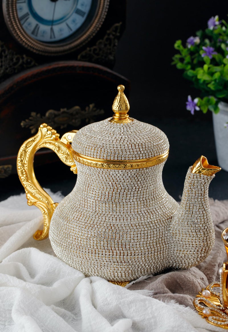 DEMMEX Handmade Gold Decorative Teapot Pitcher â€“ Turkish Moroccan Arabic Style, Crystal Embellished, 2.6 lb, 8x7", Ornate Zamak Kettle for Home DÃ©cor & Display â€“ Handmade in Turkey - Image 4