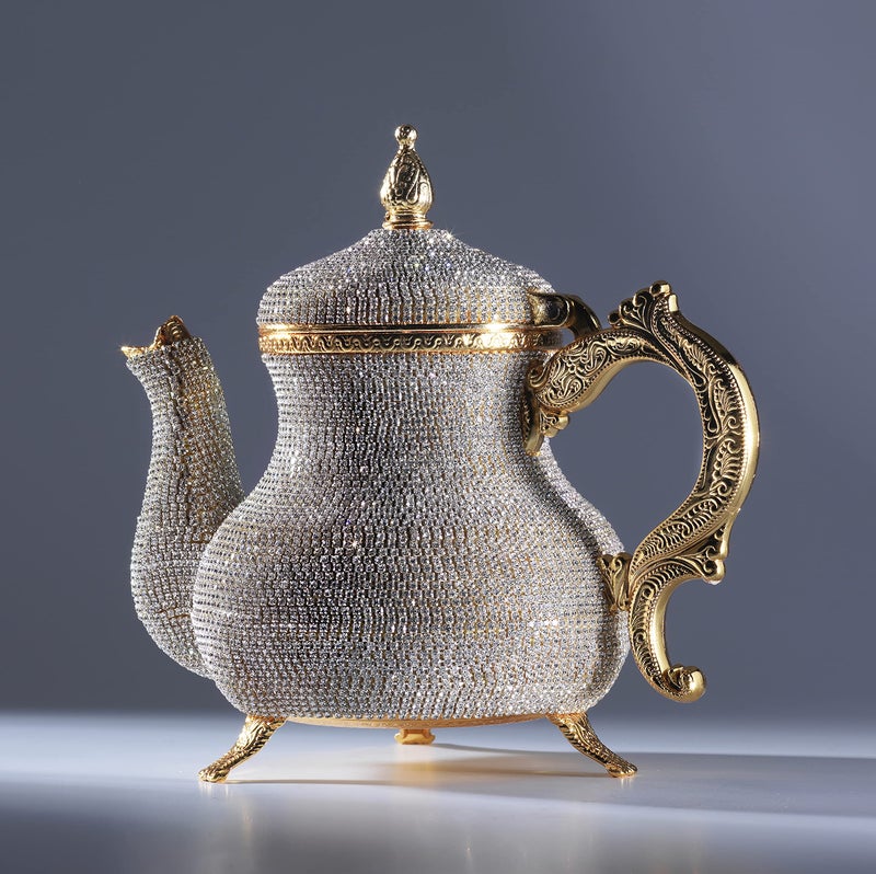 DEMMEX Handmade Gold Decorative Teapot Pitcher â€“ Turkish Moroccan Arabic Style, Crystal Embellished, 2.6 lb, 8x7", Ornate Zamak Kettle for Home DÃ©cor & Display â€“ Handmade in Turkey - Image 1