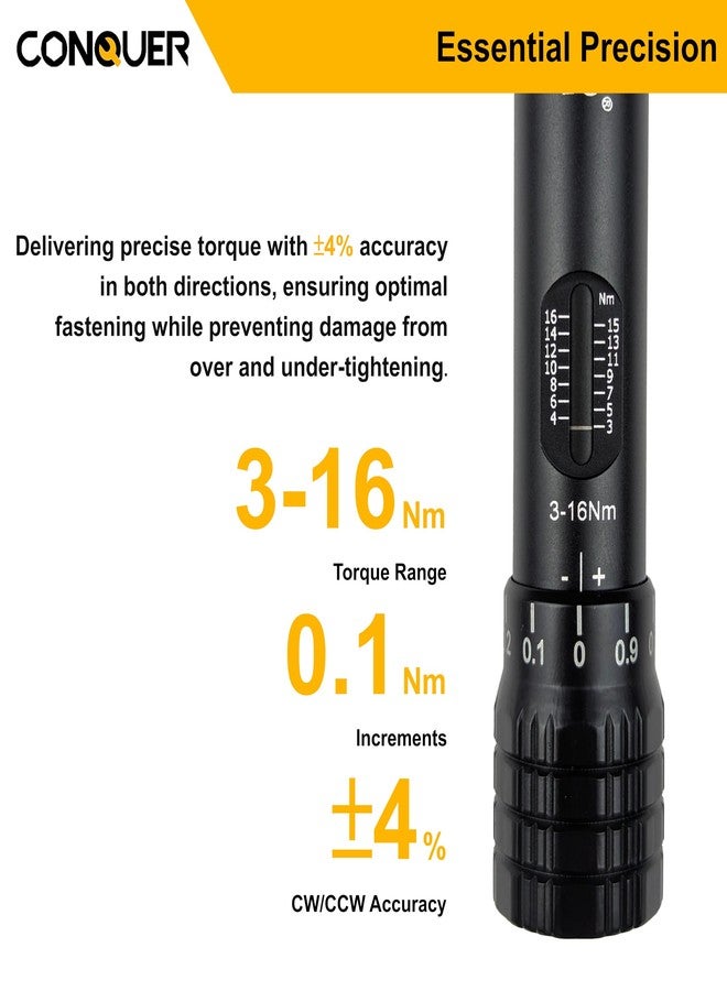 CONQUER Mini Torque Wrench 1/4" Drive, 3-16 Nm - Compact Bike Torque Tool for Carbon Frames, Car & Precision Assembly - Small Torque Wrench with ±4% Accuracy, Quick Release & 72-Tooth Ratchet - Image 3