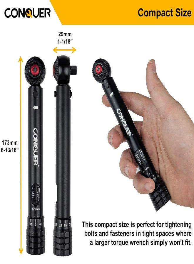 CONQUER Mini Torque Wrench 1/4" Drive, 3-16 Nm - Compact Bike Torque Tool for Carbon Frames, Car & Precision Assembly - Small Torque Wrench with ±4% Accuracy, Quick Release & 72-Tooth Ratchet - Image 2
