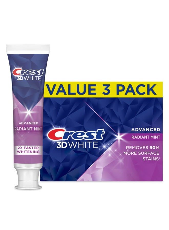 Crest 3D White Advanced Teeth Whitening Toothpaste, Crest 3D White Brilliance Toothpaste, Radiant Mint, 3.3 oz, Pack of 3 - Image 1