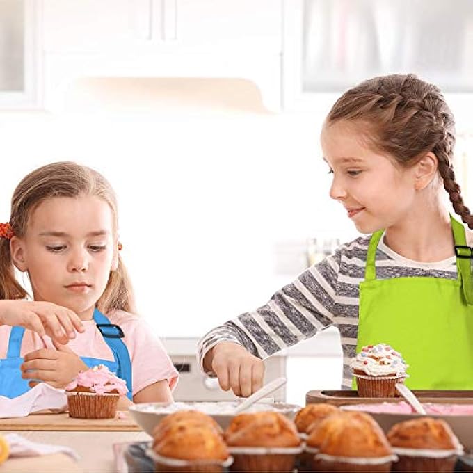 8 PCS KIDS APRON AND CHEF HAT SET BOYS AND GIRLS ADJUSTABLE APRONS WITH POCKETS FOR KITCHEN COOKING BAKING PAINTING ARTS AND CRAFTS FUN DRESS-UP GIFT SET IN PINK YELLOW BLUE PURPLE, M - Image 4