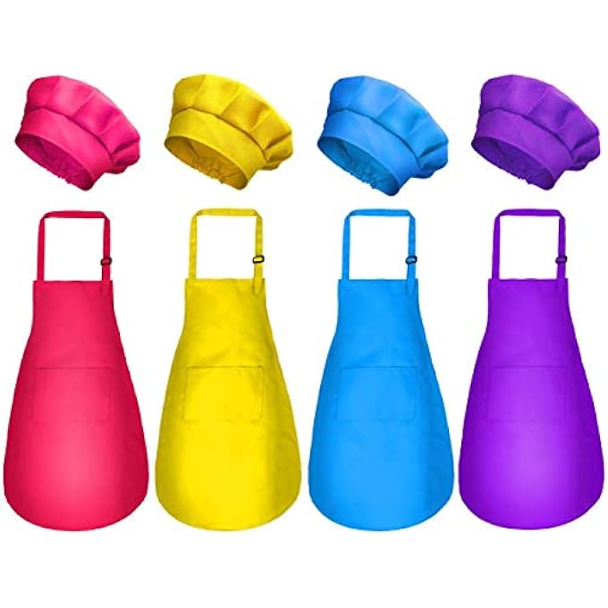 8 PCS KIDS APRON AND CHEF HAT SET BOYS AND GIRLS ADJUSTABLE APRONS WITH POCKETS FOR KITCHEN COOKING BAKING PAINTING ARTS AND CRAFTS FUN DRESS-UP GIFT SET IN PINK YELLOW BLUE PURPLE, M - Image 1