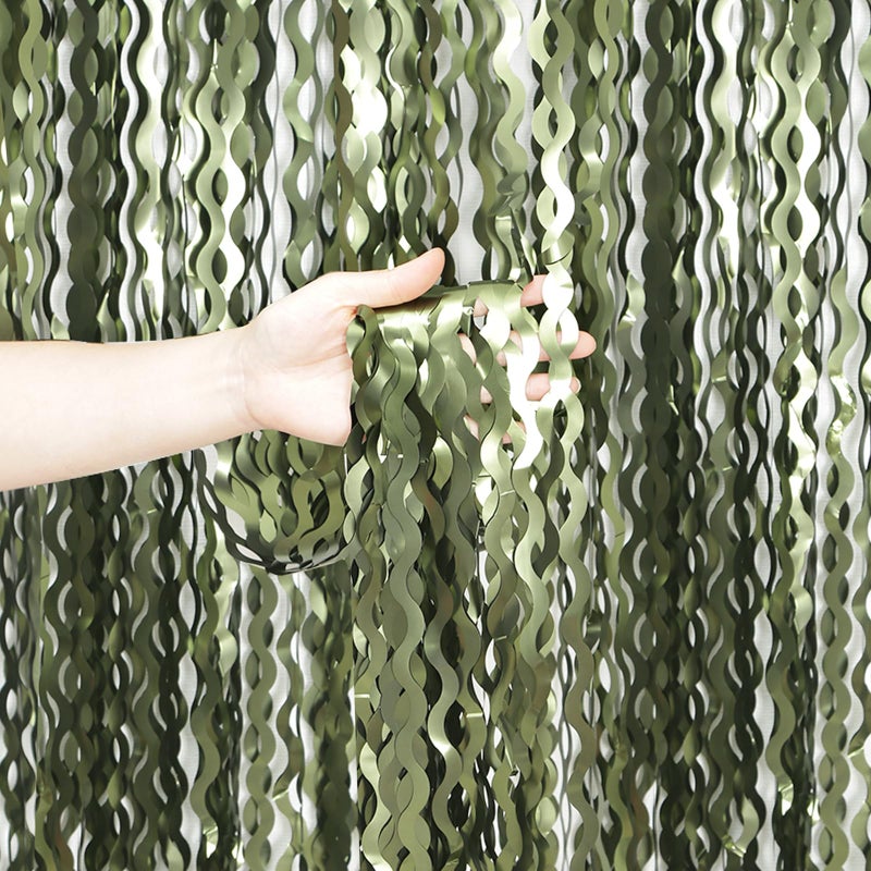 KEEUH 4 Pack Wavy Olive Green Streamers Backdrop Jungle Party Decorations - 3.3x6.6ft Foil Fringe Curtains Photo Booth for Dinosaur Animal St Patrick's Day Football Decor - Image 1