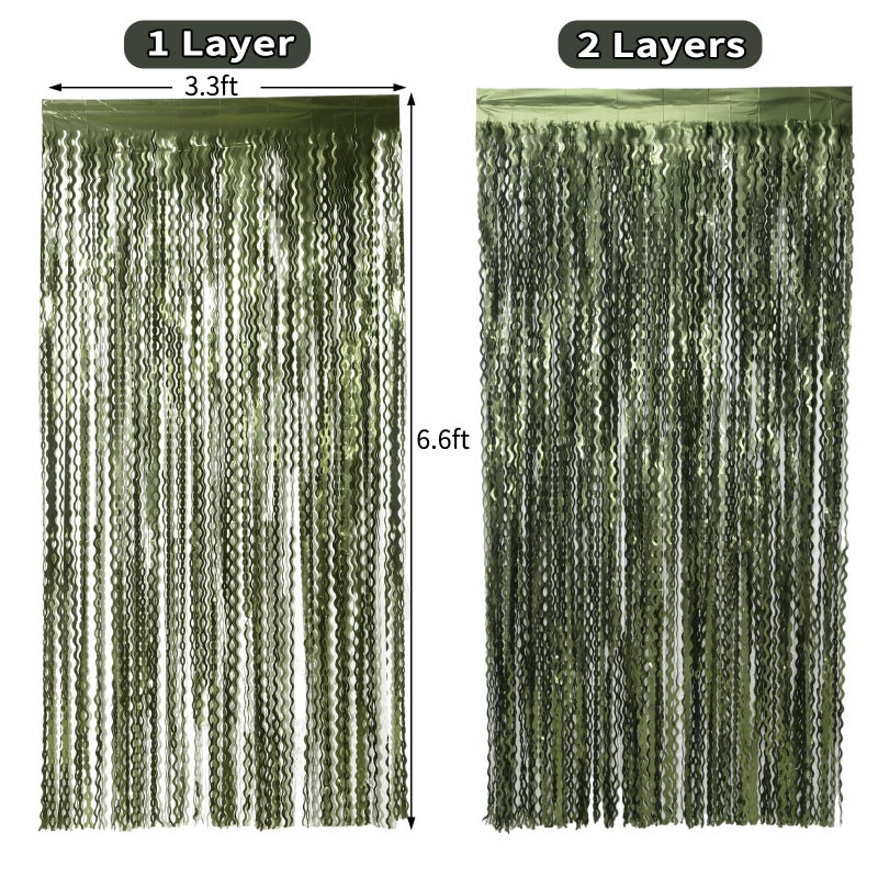 KEEUH 4 Pack Wavy Olive Green Streamers Backdrop Jungle Party Decorations - 3.3x6.6ft Foil Fringe Curtains Photo Booth for Dinosaur Animal St Patrick's Day Football Decor - Image 5