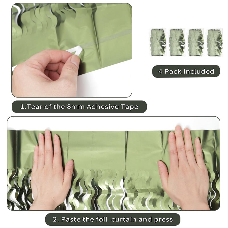 KEEUH 4 Pack Wavy Olive Green Streamers Backdrop Jungle Party Decorations - 3.3x6.6ft Foil Fringe Curtains Photo Booth for Dinosaur Animal St Patrick's Day Football Decor - Image 3