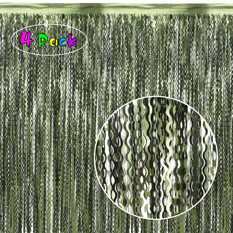 KEEUH 4 Pack Wavy Olive Green Streamers Backdrop Jungle Party Decorations - 3.3x6.6ft Foil Fringe Curtains Photo Booth for Dinosaur Animal St Patrick's Day Football Decor - Image 2