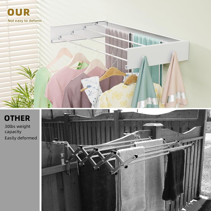 BAKON Wall Mounted Drying Rack 23.6'', Foldable Laundry Drying Rack Wall Mount with 4 Towel Hooks and 4 Rods, Space Saving Drying Rack Clothing for Indoor Outdoor Bathroom Balcony (White, 23.6'') - Image 4