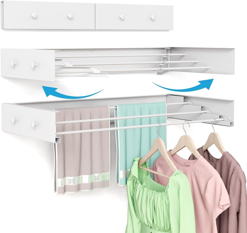 BAKON Wall Mounted Drying Rack 23.6'', Foldable Laundry Drying Rack Wall Mount with 4 Towel Hooks and 4 Rods, Space Saving Drying Rack Clothing for Indoor Outdoor Bathroom Balcony (White, 23.6'') - Image 1
