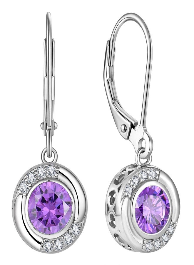 واي أل أقراط هالو من الفضة الإسترليني عيار 925، أقراط متدلية مرصعة بحجر الجمشت الصناعي المستدير، مجوهرات نسائية - Image 1