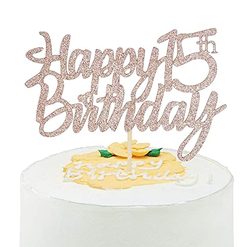 Festiko®Rose Gold Glitter Happy 15th Birthday Cake Topper 15th Cake Topper for Birthday Anniversary Party Decorations - Pack of 1 - Image 1