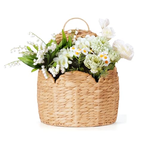 Stylave Door Basket Scalloped Hanging Storage Basket,Water Hyacinth Woven Wall Baskets for Front Door Decor, Hangable Storage Organize for Flowers,Planter,Mails,Wicker Baskets for Organizing Garden- L - Image 1