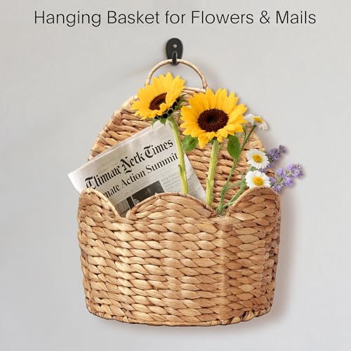 Stylave Door Basket Scalloped Hanging Storage Basket,Water Hyacinth Woven Wall Baskets for Front Door Decor, Hangable Storage Organize for Flowers,Planter,Mails,Wicker Baskets for Organizing Garden- L - Image 4