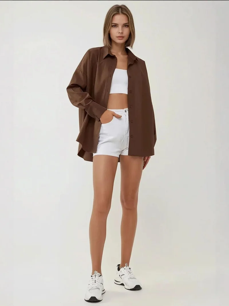 زوبعة قميص بقصة عادية بياقة كلاسيكية من مزيج الكتان