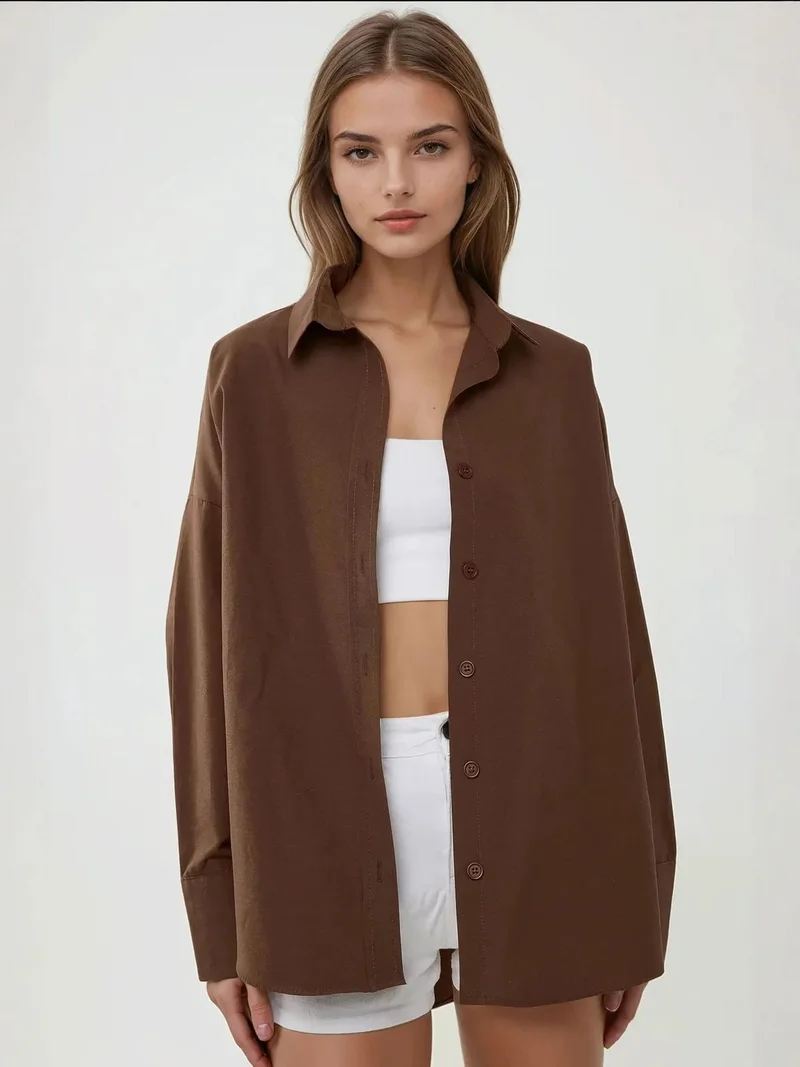 زوبعة قميص بقصة عادية بياقة كلاسيكية من مزيج الكتان