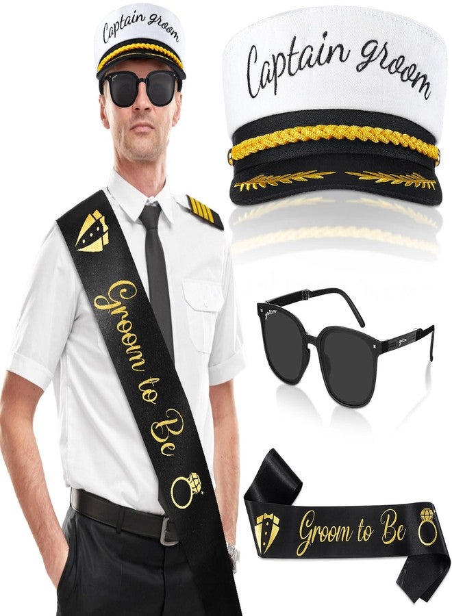 JaGely 3 Pcs Captain Bachelor Party Accessories for Groom Set Include Groom Hat Sunglasses Sash for Bridal Shower(Fresh Style) - Image 1