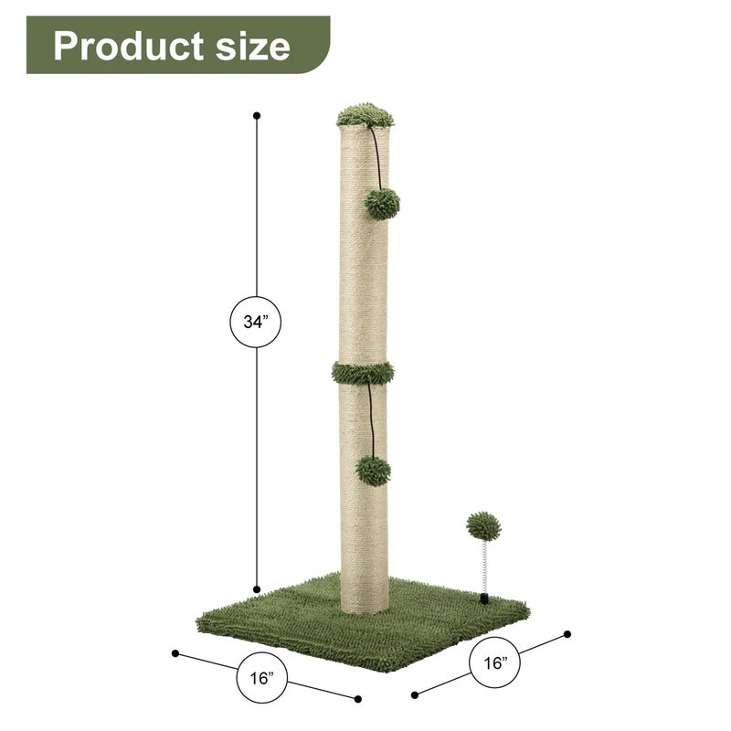 MECOOL 34â€œ Tall Cat Scratching Post Premium Basics Kitten Scratcher Sisal Scratch Posts Trees with Hanging Ball for Indoor Cats (34 inches for Adult Cats, Cactus Green) - Image 4