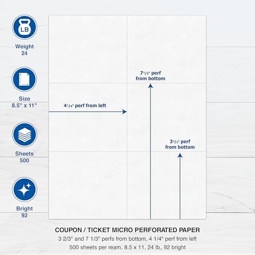 PrintWorks Professional Perforated Paper for Tickets, Coupons, Certificates and More, 8.5 x 11, 24 lb, 3 Perfs - 3 2/3" and 7 1/3" From Bottom & 4 1/4" From Left, 500 Sheets, White (04334) - Image 3