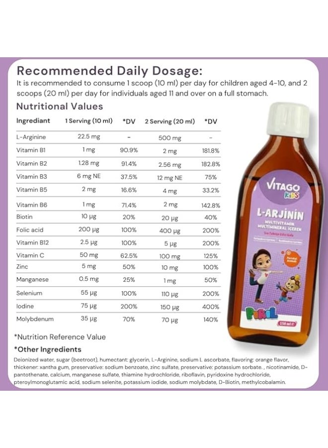VITAGO Kids Multivitamin With L-Arginine Piril Syrup 150 Ml - Image 4