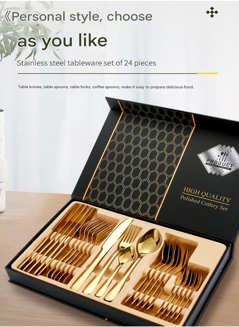MHD 24-Piece Stainless Steel Quality Flatware With Knives, Forks, And Spoons, Mirror Polished Flatware Gold  - Image 3