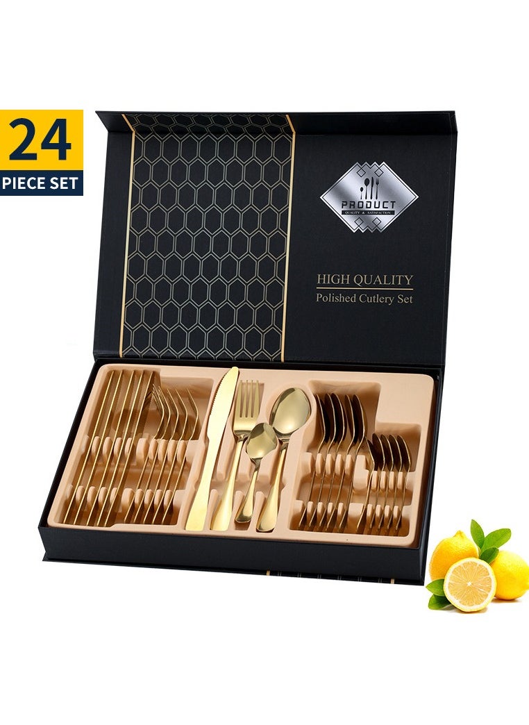 MHD 24-Piece Stainless Steel Quality Flatware With Knives, Forks, And Spoons, Mirror Polished Flatware Gold  - Image 1