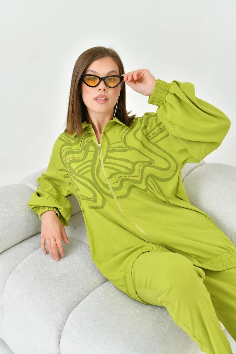 جارمي Women's Printed Stone Detail Set Olive