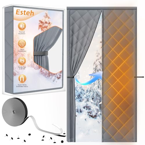 Esteh Magnetic Thermal Insulated Door Curtain for Winter Fits Door Size 72" x 80", Temporary Thermal Door Cover for Cold with Thickened Cotton, Window Insulation Kit for Sliding Glass Doorways - Gray - Image 1