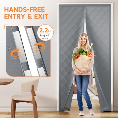 Esteh Magnetic Thermal Insulated Door Curtain for Winter Fits Door Size 72" x 80", Temporary Thermal Door Cover for Cold with Thickened Cotton, Window Insulation Kit for Sliding Glass Doorways - Gray - Image 3