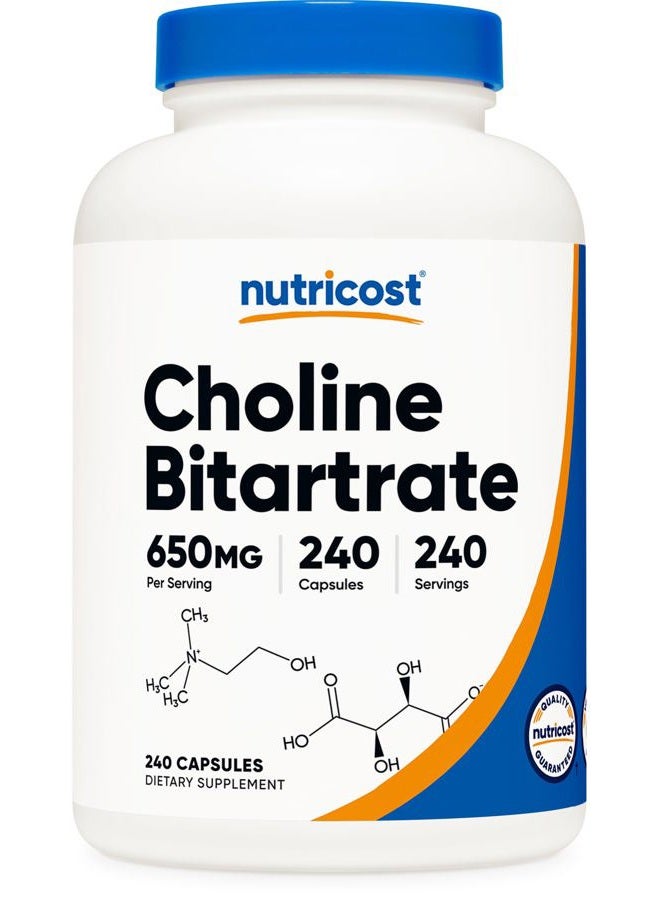 Nutricost Choline Bitartrate 650mg, 240 Vegetarian Capsules - Non-GMO, Vegetarian Friendly, Gluten Free - Image 1