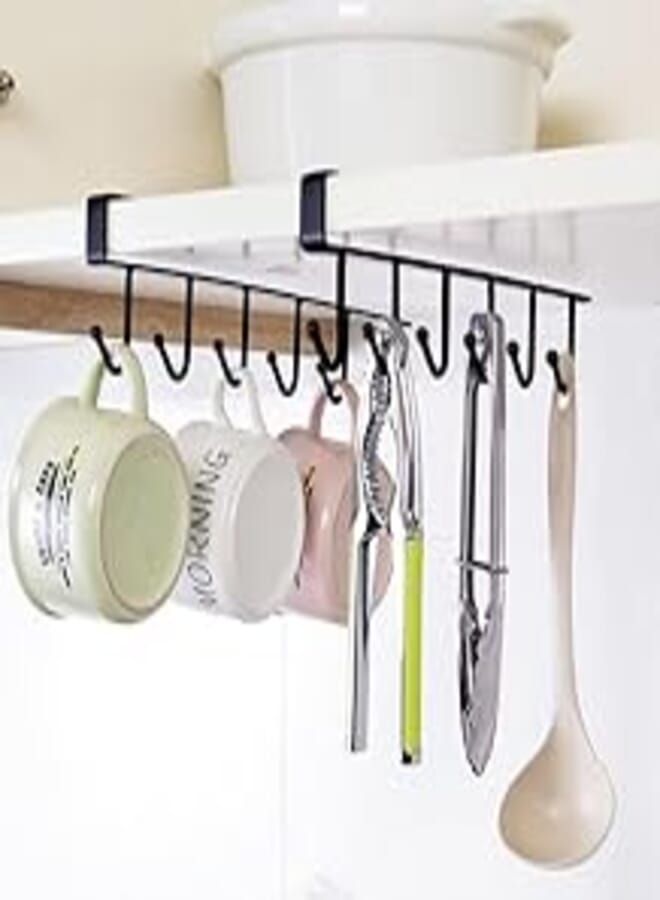2 Pieces Mug Holder Screwless Hanging Mug Holder 6 Hooks Kitchen Cabinet Under Shelf Black