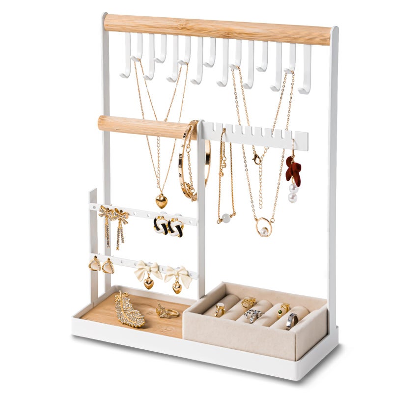 DreamGenius Jewelry Organizer Stand with Velvet Ring Holder, 4 Tier Jewelry Holder Organizer with 15 Hooks for Necklaces and 16 Holes for Earrings, White - Image 1