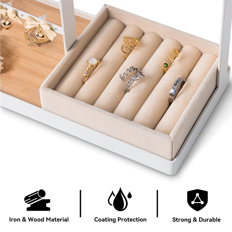 DreamGenius Jewelry Organizer Stand with Velvet Ring Holder, 4 Tier Jewelry Holder Organizer with 15 Hooks for Necklaces and 16 Holes for Earrings, White - Image 4